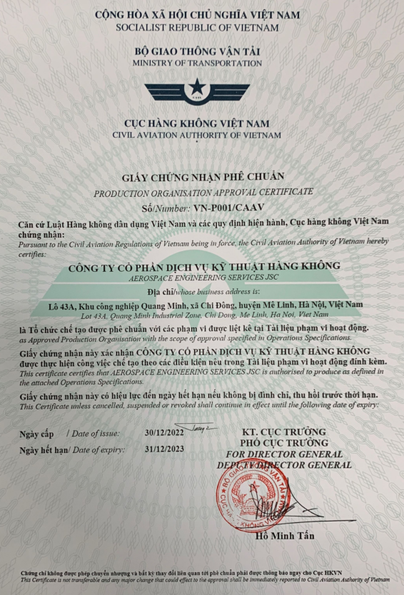 CAAV Production Organisation Approval Certificate